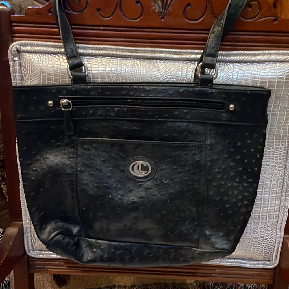VINTAGE Black PEBBLE TEXTURES Tote Bag with Silver Emblem